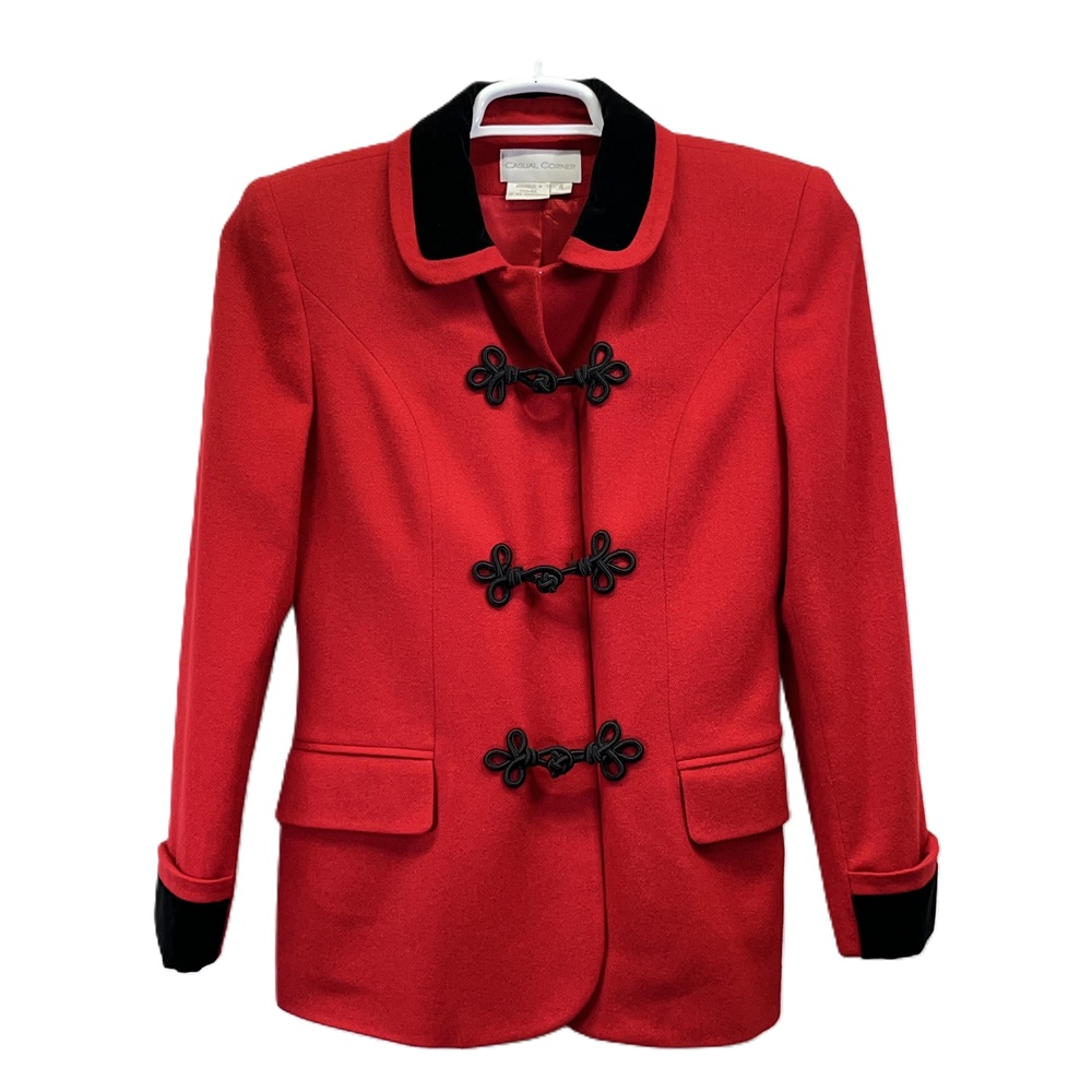 VTG‎ Casual Corner Red 100% Wool Womens Padded Shoulder Blazer Jacket Size 4